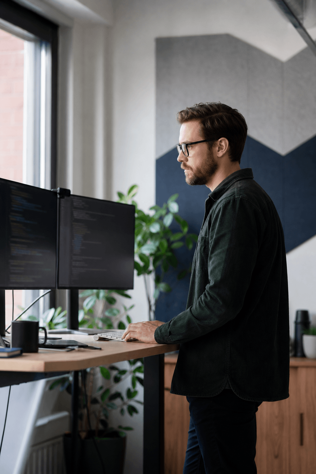 Software engineer at a Juventaq Inc standing desk